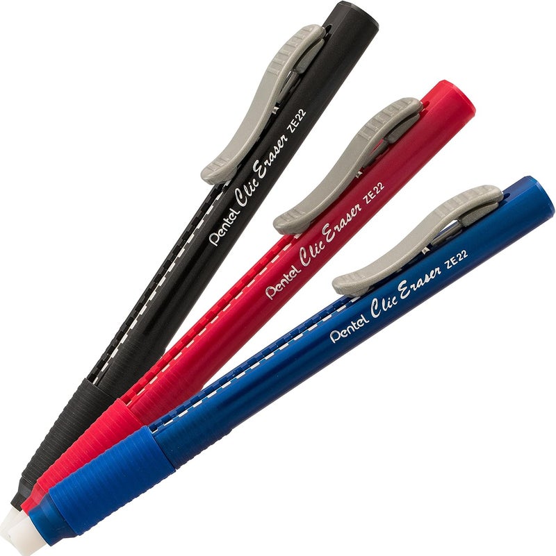 Pentel Clic Eraser Grip Retractable Eraser with Grip Office Barrel Colors (Black, Red, Blue) 7 Pack - Image 2